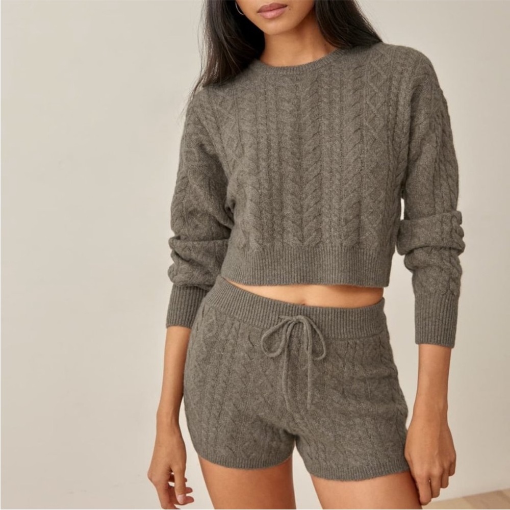 Reformation Alfio Cashmere Cable Short Set in Cocoa XS